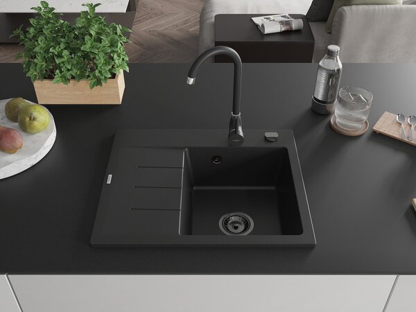 Mexen Ben, 1 kamrás gránit mosogató 600x500x190 mm, jobb + fekete szifon, fekete, 6523605000-77-B