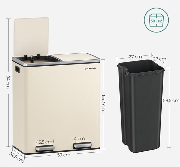 SONGMICS dupla szemetes, 2x30l, krémszínű