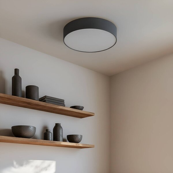 Lindby mennyezeti világítás Sebatin, Ø 50 cm, szürke, szövet, E27, dimmelhető, Alu / szürke / cink, Hálószoba, Textil / szövet / selyem, Modern