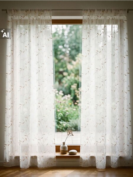 Sinsay - Ráncolós szalaggal ellátott függöny csillogó növényi hímzéssel - fehér