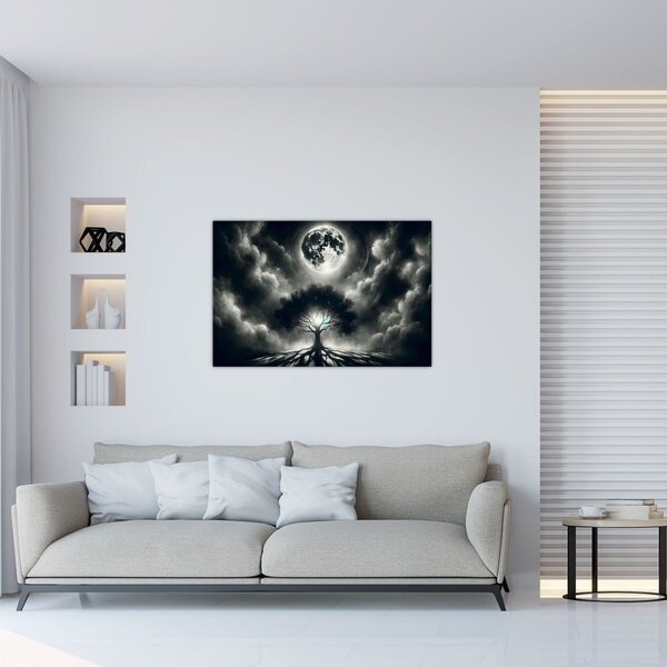 Kép – Fekete-fehér fa teliholdban (90x60 cm)