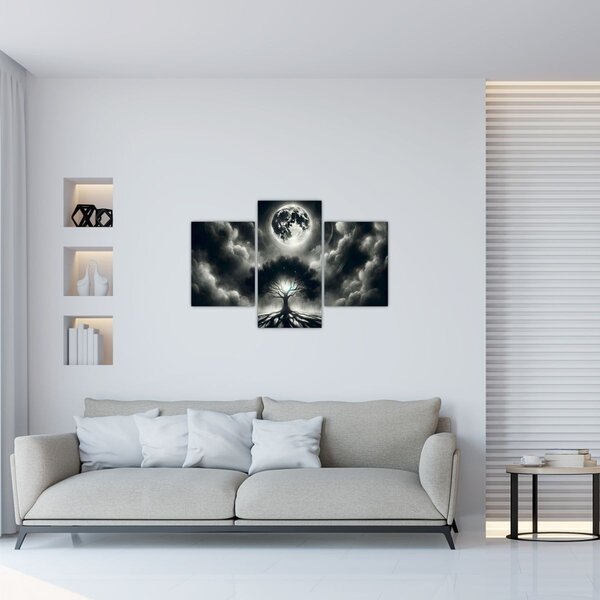 Kép – Fekete-fehér fa teliholdban (90x60 cm)