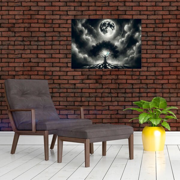 Kép – Fekete-fehér fa teliholdban (70x50 cm)