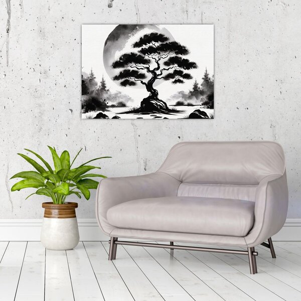 Kép – Fekete-fehér bonsai (70x50 cm)
