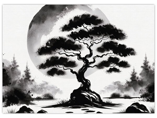 Kép – Fekete-fehér bonsai (70x50 cm)