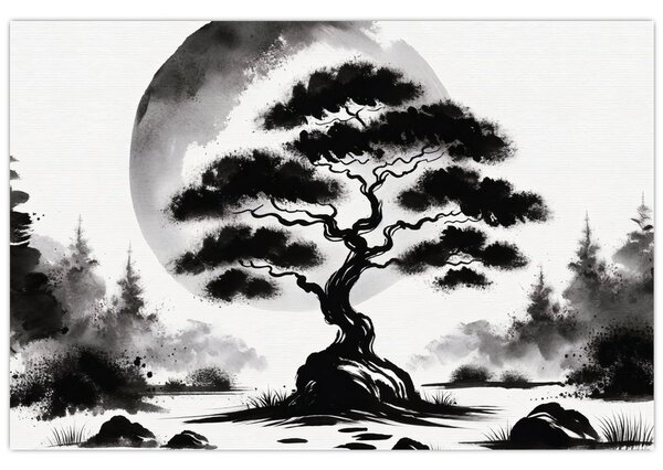 Kép – Fekete-fehér bonsai (90x60 cm)