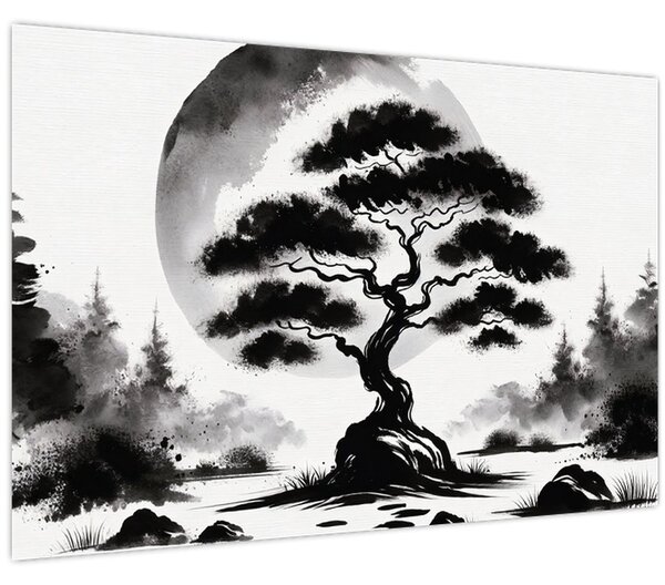 Kép – Fekete-fehér bonsai (90x60 cm)