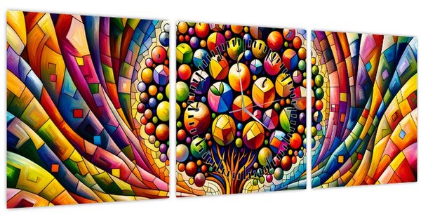 Kép – Színes fa almákkal (órával) (90x30 cm)
