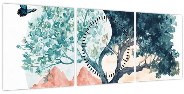 Kép – Akvarellfa tele élettel (órával) (90x30 cm)