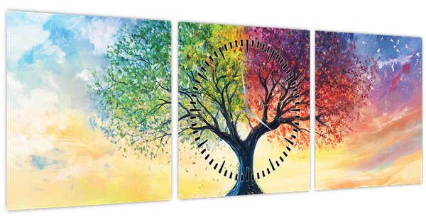 Kép – Évszakok festett fája (órával) (90x30 cm)