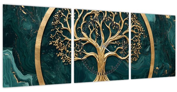 Kép – Márványban lévő arany életfa (órával) (90x30 cm)