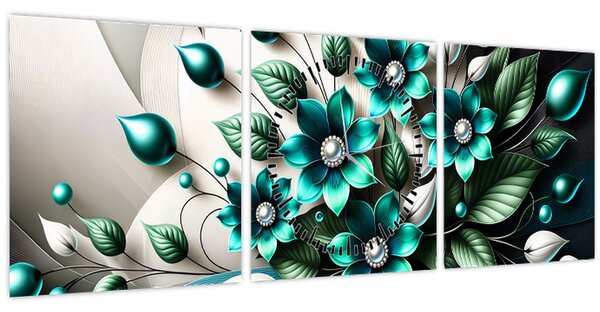 Kép - 3D türkiz virágok (órával) (90x30 cm)