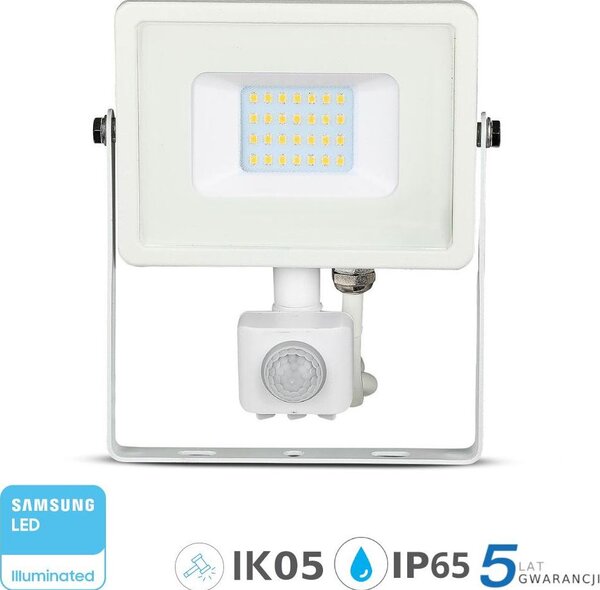 V-Tac Mozgásérzékelős Led Reflektor - Samsung Chip, 20 Watt, Természetes Fehér, Fehér