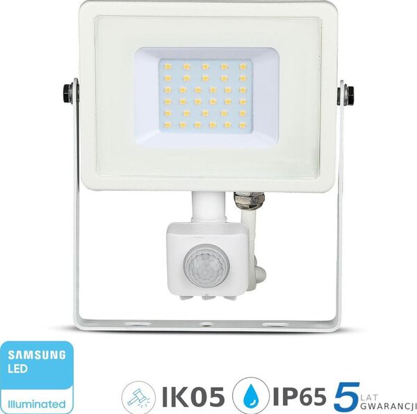 V-Tac Mozgásérzékelős Led Reflektor - Samsung Chip, IP65, 30 Watt, Hideg Fehér, Fehér