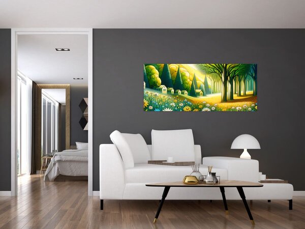 Kép - Falu sárga-zöld színekben (120x50 cm)