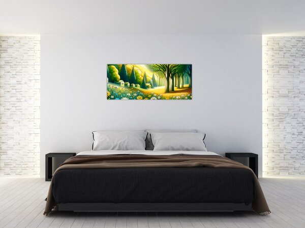 Kép - Falu sárga-zöld színekben (120x50 cm)
