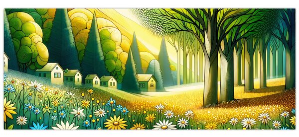 Kép - Falu sárga-zöld színekben (120x50 cm)