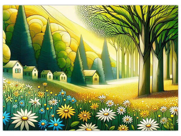 Kép - Falu sárga-zöld színekben (70x50 cm)