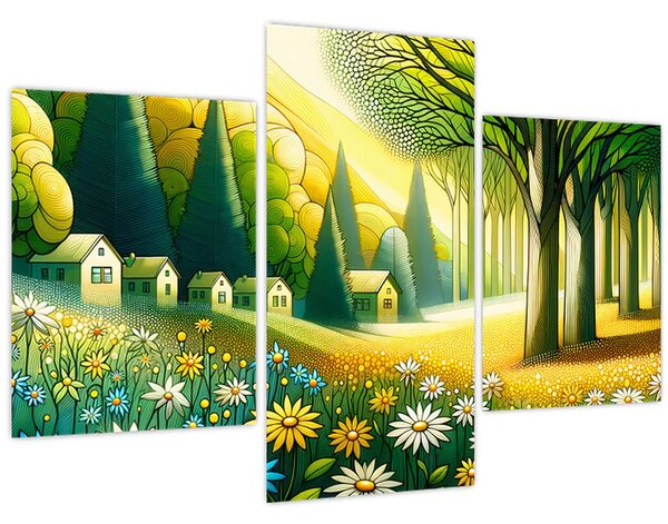 Kép - Falu sárga-zöld színekben (90x60 cm)