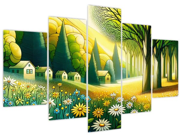 Kép - Falu sárga-zöld színekben (150x105 cm)