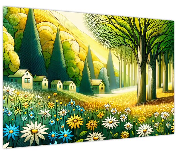 Kép - Falu sárga-zöld színekben (90x60 cm)
