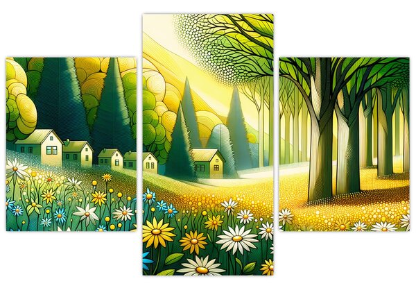 Kép - Falu sárga-zöld színekben (90x60 cm)