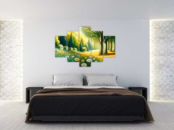 Kép - Falu sárga-zöld színekben (150x105 cm)