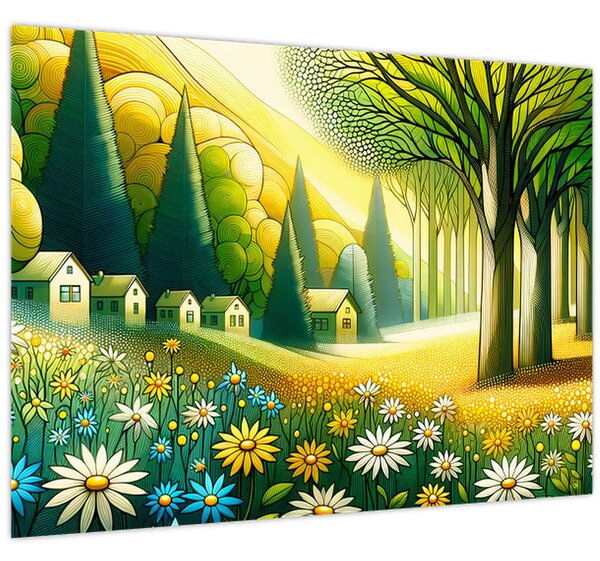 Kép - Falu sárga-zöld színekben (70x50 cm)