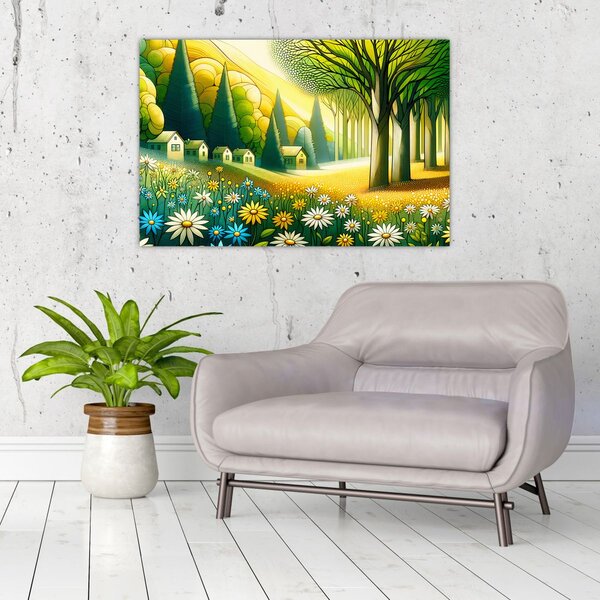 Kép - Falu sárga-zöld színekben (90x60 cm)