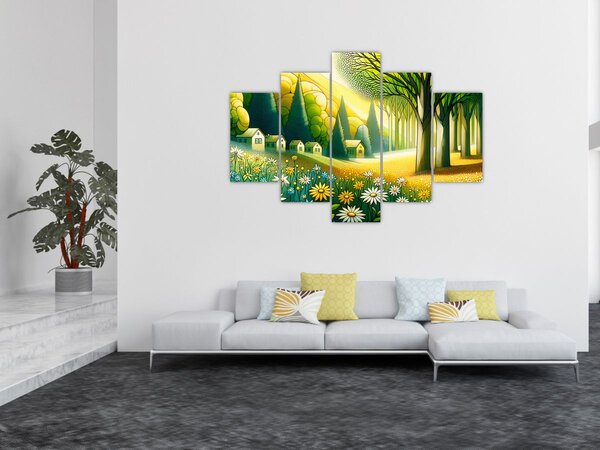 Kép - Falu sárga-zöld színekben (150x105 cm)