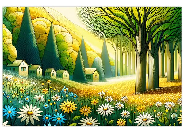 Kép - Falu sárga-zöld színekben (90x60 cm)