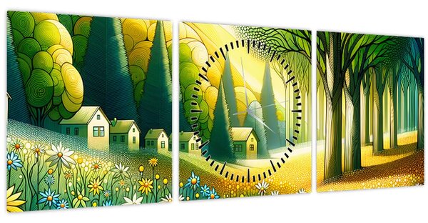 Kép - Falu sárga-zöld színekben (órával) (90x30 cm)