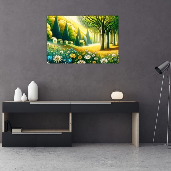 Kép - Falu sárga-zöld színekben (90x60 cm)