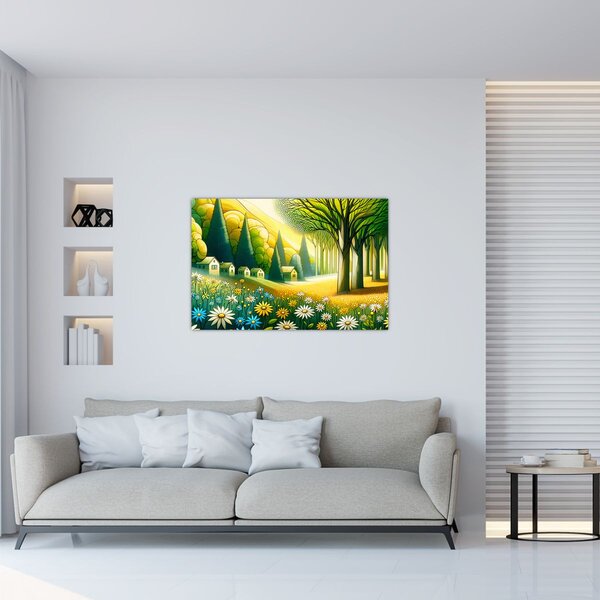 Kép - Falu sárga-zöld színekben (90x60 cm)