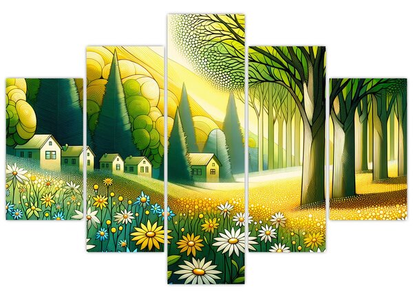 Kép - Falu sárga-zöld színekben (150x105 cm)