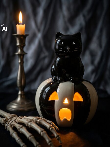 Sinsay - LED kerámia asztali lámpa Halloween mintával - fekete