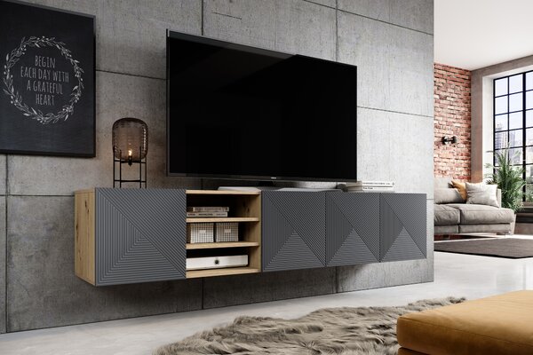 Asha függesztett TV szekrény 200 cm riflázott frontokkal, nyitott fülkével – artisan tölgy / rivier stone matt