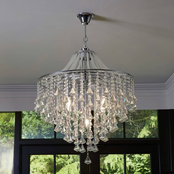 Searchlight Dorchester csillár, kristályüveg, 5 lámpás, Ø 64 cm, E14, dimmelhető, Króm / ezüst, Nappali / Étkező, Üveg, Antik