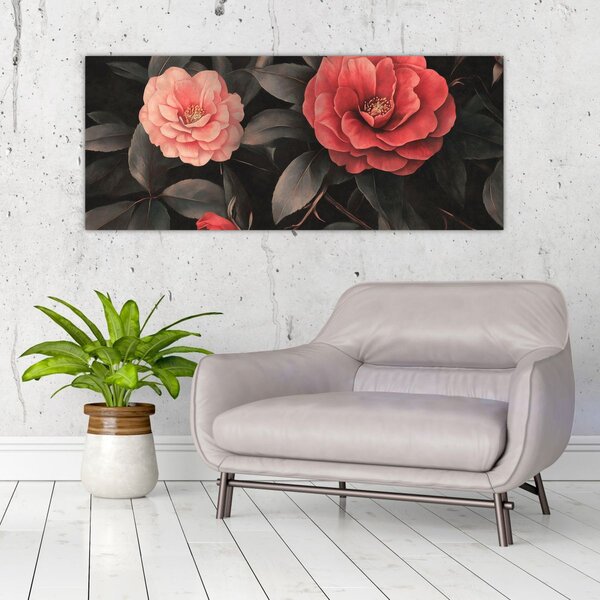 Kép - Vörös virágok sötét háttér előtt (120x50 cm)
