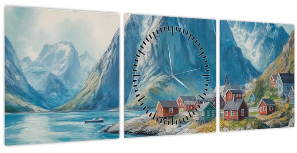 Kép - Norvég falu (órával) (90x30 cm)
