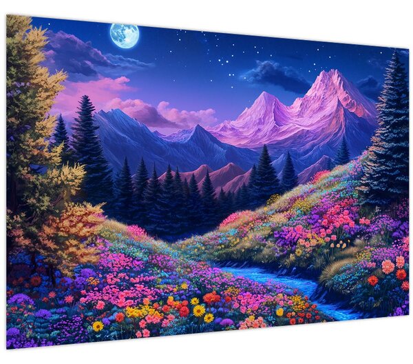 Kép - Lila táj teljes holdfénynél (90x60 cm)