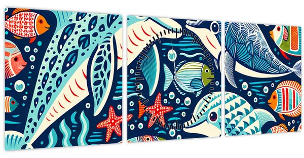 Kép – Rajzolt vízi állatok (órával) (90x30 cm)