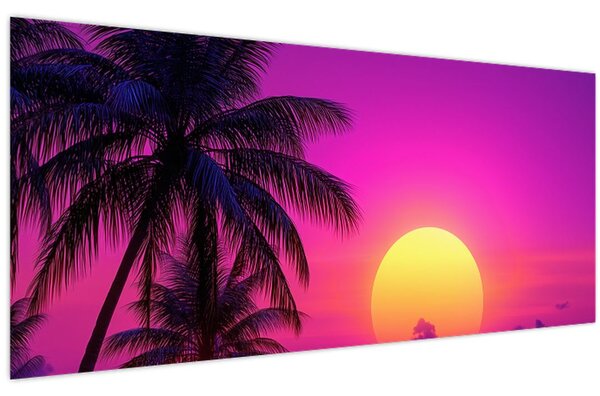 Kép - Lila naplemente pálmafával (120x50 cm)
