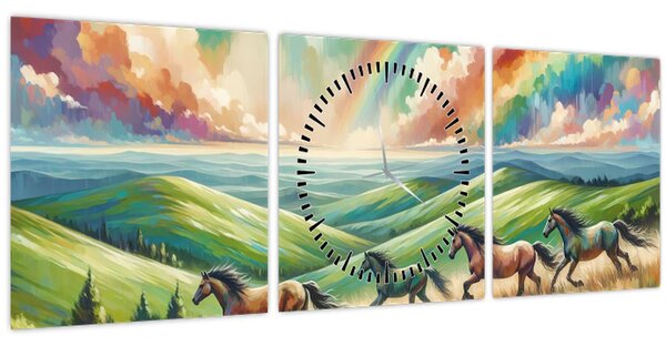 Kép – Vágtázó lovak a tájban (órával) (90x30 cm)