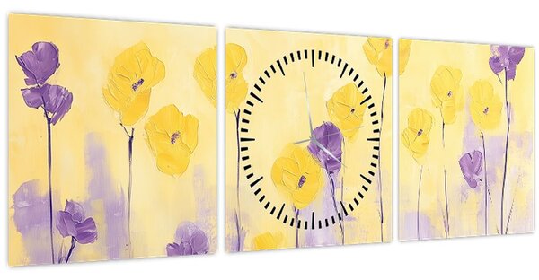 Kép - Lila és sárga virágok (órával) (90x30 cm)