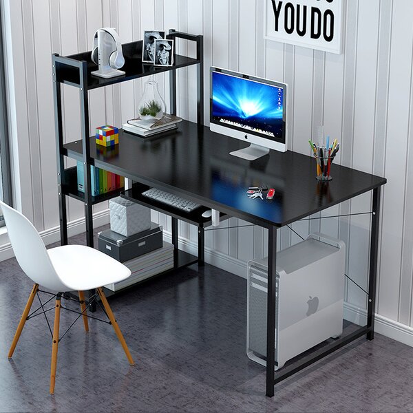 Íróasztal, számítógépasztal, billentyűzet tartóval - Fekete