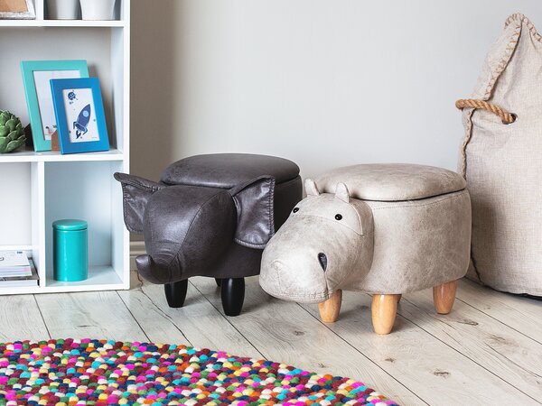 Állatos puff tárolóval HIPPO Műbőr Világosszürke Víziló