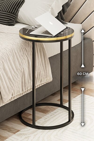 Yuvarlak Mermer Desenli Yan Sehpa - Gold, Black