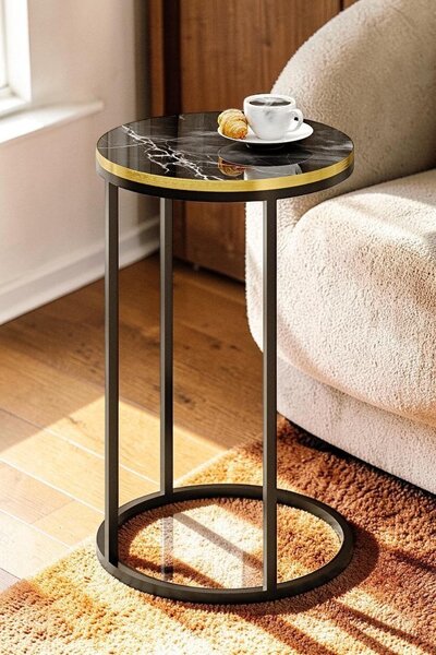 Yuvarlak Mermer Desenli Yan Sehpa - Gold, Black