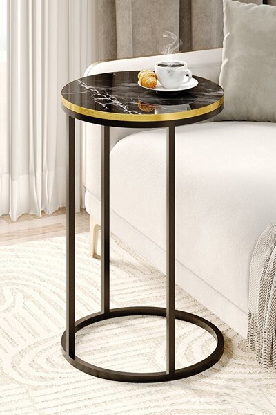 Yuvarlak Mermer Desenli Yan Sehpa - Gold, Black